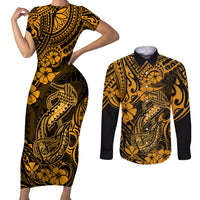 Hawaii Fish Hook Couples Matching Short Sleeve Bodycon Dress and Long Sleeve Button Shirts Polynesian Pattern Gold Version LT01 Gold - Polynesian Pride