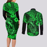 Hawaii Fish Hook Couples Matching Long Sleeve Bodycon Dress and Long Sleeve Button Shirts Polynesian Pattern Green Version LT01 - Polynesian Pride