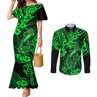 Hawaii Fish Hook Couples Matching Mermaid Dress and Long Sleeve Button Shirts Polynesian Pattern Green Version LT01 Green - Polynesian Pride