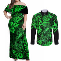 Hawaii Fish Hook Couples Matching Off Shoulder Maxi Dress and Long Sleeve Button Shirts Polynesian Pattern Green Version LT01 Green - Polynesian Pride