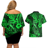 Hawaii Fish Hook Couples Matching Off Shoulder Short Dress and Hawaiian Shirt Polynesian Pattern Green Version LT01 - Polynesian Pride