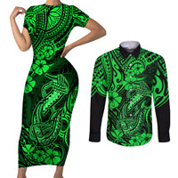 Hawaii Fish Hook Couples Matching Short Sleeve Bodycon Dress and Long Sleeve Button Shirts Polynesian Pattern Green Version LT01 Green - Polynesian Pride