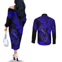 Hawaii Fish Hook Couples Matching Off The Shoulder Long Sleeve Dress and Long Sleeve Button Shirts Polynesian Pattern Navy Blue Version LT01 - Polynesian Pride