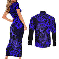 Hawaii Fish Hook Couples Matching Short Sleeve Bodycon Dress and Long Sleeve Button Shirts Polynesian Pattern Navy Blue Version LT01 - Polynesian Pride