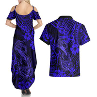 Hawaii Fish Hook Couples Matching Summer Maxi Dress and Hawaiian Shirt Polynesian Pattern Navy Blue Version LT01 - Polynesian Pride