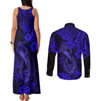 Hawaii Fish Hook Couples Matching Tank Maxi Dress and Long Sleeve Button Shirts Polynesian Pattern Navy Blue Version LT01 - Polynesian Pride