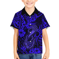 Hawaii Fish Hook Family Matching Off Shoulder Long Sleeve Dress and Hawaiian Shirt Polynesian Pattern Navy Blue Version LT01 Son's Shirt Blue - Polynesian Pride