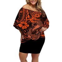 Hawaii Fish Hook Off Shoulder Short Dress Polynesian Pattern Orange Version LT01 Women Orange - Polynesian Pride