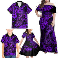 Hawaii Fish Hook Family Matching Off Shoulder Maxi Dress and Hawaiian Shirt Hibiscus Hawaii Tribal Tattoo Purple Version LT01 - Polynesian Pride