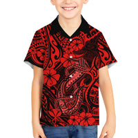 Hawaii Fish Hook Family Matching Off Shoulder Long Sleeve Dress and Hawaiian Shirt Hibiscus Hawaii Tribal Tattoo Red Version LT01 Son's Shirt Red - Polynesian Pride