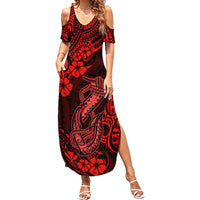 Hawaii Fish Hook Family Matching Summer Maxi Dress and Hawaiian Shirt Hibiscus Hawaii Tribal Tattoo Red Version LT01 Mom's Dress Red - Polynesian Pride