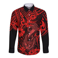 Hawaii Fish Hook Long Sleeve Button Shirt Hibiscus Hawaii Tribal Tattoo Red Version LT01 Unisex Red - Polynesian Pride