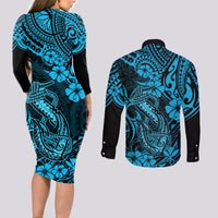 Hawaii Fish Hook Couples Matching Long Sleeve Bodycon Dress and Long Sleeve Button Shirts Hibiscus Hawaii Tribal Tattoo Sky Blue Version LT01 - Polynesian Pride