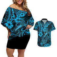 Hawaii Fish Hook Couples Matching Off Shoulder Short Dress and Hawaiian Shirt Hibiscus Hawaii Tribal Tattoo Sky Blue Version LT01 Blue - Polynesian Pride