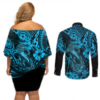 Hawaii Fish Hook Couples Matching Off Shoulder Short Dress and Long Sleeve Button Shirts Hibiscus Hawaii Tribal Tattoo Sky Blue Version LT01 - Polynesian Pride