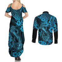 Hawaii Fish Hook Couples Matching Summer Maxi Dress and Long Sleeve Button Shirts Hibiscus Hawaii Tribal Tattoo Sky Blue Version LT01 - Polynesian Pride