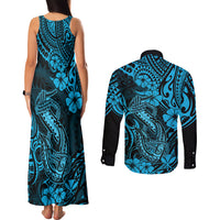 Hawaii Fish Hook Couples Matching Tank Maxi Dress and Long Sleeve Button Shirts Hibiscus Hawaii Tribal Tattoo Sky Blue Version LT01 - Polynesian Pride