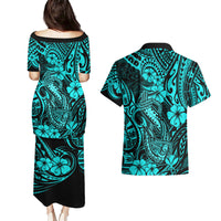 Hawaii Fish Hook Couples Matching Puletasi Dress and Hawaiian Shirt Hibiscus Hawaii Tribal Tattoo Turquoise Version LT01 - Polynesian Pride