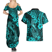 Hawaii Fish Hook Couples Matching Summer Maxi Dress and Hawaiian Shirt Hibiscus Hawaii Tribal Tattoo Turquoise Version LT01 - Polynesian Pride