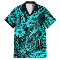Hawaii Fish Hook Family Matching Off Shoulder Maxi Dress and Hawaiian Shirt Hibiscus Hawaii Tribal Tattoo Turquoise Version LT01 Dad's Shirt - Short Sleeve Turquoise - Polynesian Pride