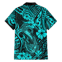 Hawaii Fish Hook Family Matching Off Shoulder Short Dress and Hawaiian Shirt Hibiscus Hawaii Tribal Tattoo Turquoise Version LT01 - Polynesian Pride
