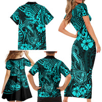 Hawaii Fish Hook Family Matching Short Sleeve Bodycon Dress and Hawaiian Shirt Hibiscus Hawaii Tribal Tattoo Turquoise Version LT01 - Polynesian Pride