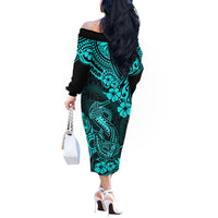 Hawaii Fish Hook Off The Shoulder Long Sleeve Dress Hibiscus Hawaii Tribal Tattoo Turquoise Version LT01 - Polynesian Pride