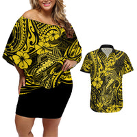 Hawaii Fish Hook Couples Matching Off Shoulder Short Dress and Hawaiian Shirt Hibiscus Hawaii Tribal Tattoo Yellow Version LT01 Yellow - Polynesian Pride