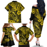Hawaii Fish Hook Family Matching Off Shoulder Long Sleeve Dress and Hawaiian Shirt Hibiscus Hawaii Tribal Tattoo Yellow Version LT01 - Polynesian Pride