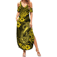 Hawaii Fish Hook Family Matching Summer Maxi Dress and Hawaiian Shirt Hibiscus Hawaii Tribal Tattoo Yellow Version LT01 Mom's Dress Yellow - Polynesian Pride