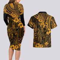 Hawaii King Kamehameha Couples Matching Long Sleeve Bodycon Dress and Hawaiian Shirt Polynesian Pattern Gold Version LT01 - Polynesian Pride
