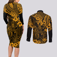 Hawaii King Kamehameha Couples Matching Long Sleeve Bodycon Dress and Long Sleeve Button Shirts Polynesian Pattern Gold Version LT01 - Polynesian Pride