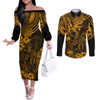 Hawaii King Kamehameha Couples Matching Off The Shoulder Long Sleeve Dress and Long Sleeve Button Shirts Polynesian Pattern Gold Version LT01 Gold - Polynesian Pride