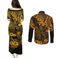 Hawaii King Kamehameha Couples Matching Puletasi Dress and Long Sleeve Button Shirts Polynesian Pattern Gold Version LT01 - Polynesian Pride