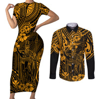 Hawaii King Kamehameha Couples Matching Short Sleeve Bodycon Dress and Long Sleeve Button Shirts Polynesian Pattern Gold Version LT01 Gold - Polynesian Pride