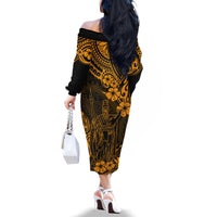 Hawaii King Kamehameha Family Matching Off Shoulder Long Sleeve Dress and Hawaiian Shirt Polynesian Pattern Gold Version LT01 - Polynesian Pride
