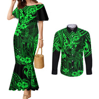 Hawaii King Kamehameha Couples Matching Mermaid Dress and Long Sleeve Button Shirts Polynesian Pattern Green Version LT01 Green - Polynesian Pride