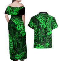 Hawaii King Kamehameha Couples Matching Off Shoulder Maxi Dress and Hawaiian Shirt Polynesian Pattern Green Version LT01 - Polynesian Pride