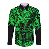 Hawaii King Kamehameha Long Sleeve Button Shirt Polynesian Pattern Green Version LT01 Unisex Green - Polynesian Pride