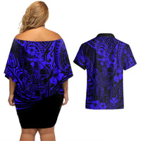 Hawaii King Kamehameha Couples Matching Off Shoulder Short Dress and Hawaiian Shirt Polynesian Pattern Navy Blue Version LT01 - Polynesian Pride
