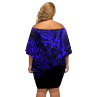 Hawaii King Kamehameha Off Shoulder Short Dress Polynesian Pattern Navy Blue Version LT01 - Polynesian Pride
