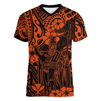 Hawaii King Kamehameha Women V Neck T Shirt Polynesian Pattern Orange Version LT01 Female Orange - Polynesian Pride