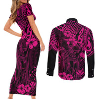Hawaii King Kamehameha Couples Matching Short Sleeve Bodycon Dress and Long Sleeve Button Shirts Polynesian Pattern Pink Version LT01 - Polynesian Pride
