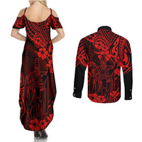 Hawaii King Kamehameha Couples Matching Summer Maxi Dress and Long Sleeve Button Shirts Polynesian Pattern Red Version LT01 - Polynesian Pride