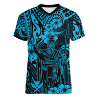 Hawaii King Kamehameha Women V Neck T Shirt Polynesian Pattern Sky Blue Version LT01 Female Blue - Polynesian Pride