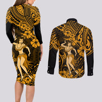 Hawaii Hula Girl Couples Matching Long Sleeve Bodycon Dress and Long Sleeve Button Shirts Polynesian Pattern Gold Version LT01 - Polynesian Pride