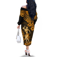 Hawaii Hula Girl Family Matching Off Shoulder Long Sleeve Dress and Hawaiian Shirt Polynesian Pattern Gold Version LT01 - Polynesian Pride