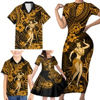 Hawaii Hula Girl Family Matching Short Sleeve Bodycon Dress and Hawaiian Shirt Polynesian Pattern Gold Version LT01 - Polynesian Pride