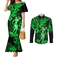 Hawaii Hula Girl Couples Matching Mermaid Dress and Long Sleeve Button Shirts Polynesian Pattern Green Version LT01 Green - Polynesian Pride