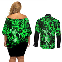 Hawaii Hula Girl Couples Matching Off Shoulder Short Dress and Long Sleeve Button Shirts Polynesian Pattern Green Version LT01 - Polynesian Pride
